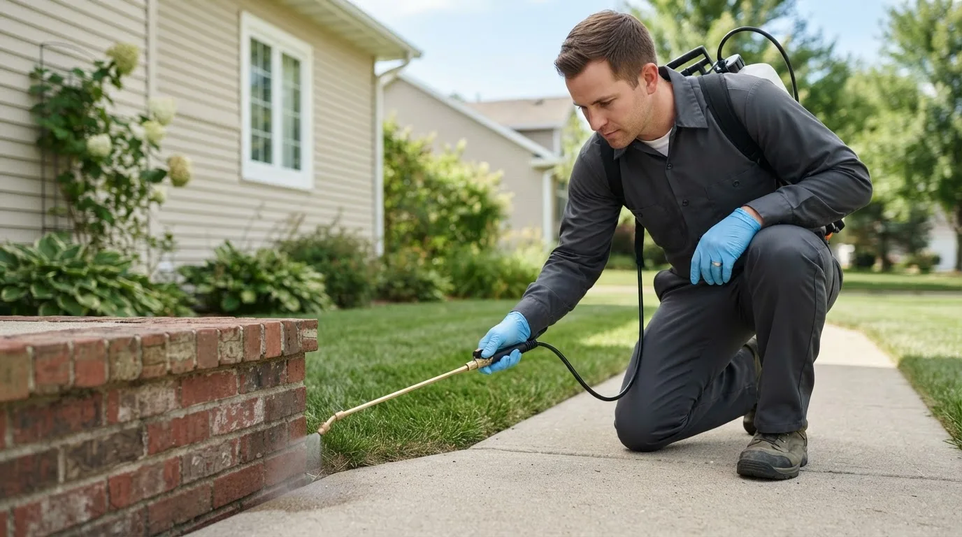 Pest control technician treating a home near Belfield, ND