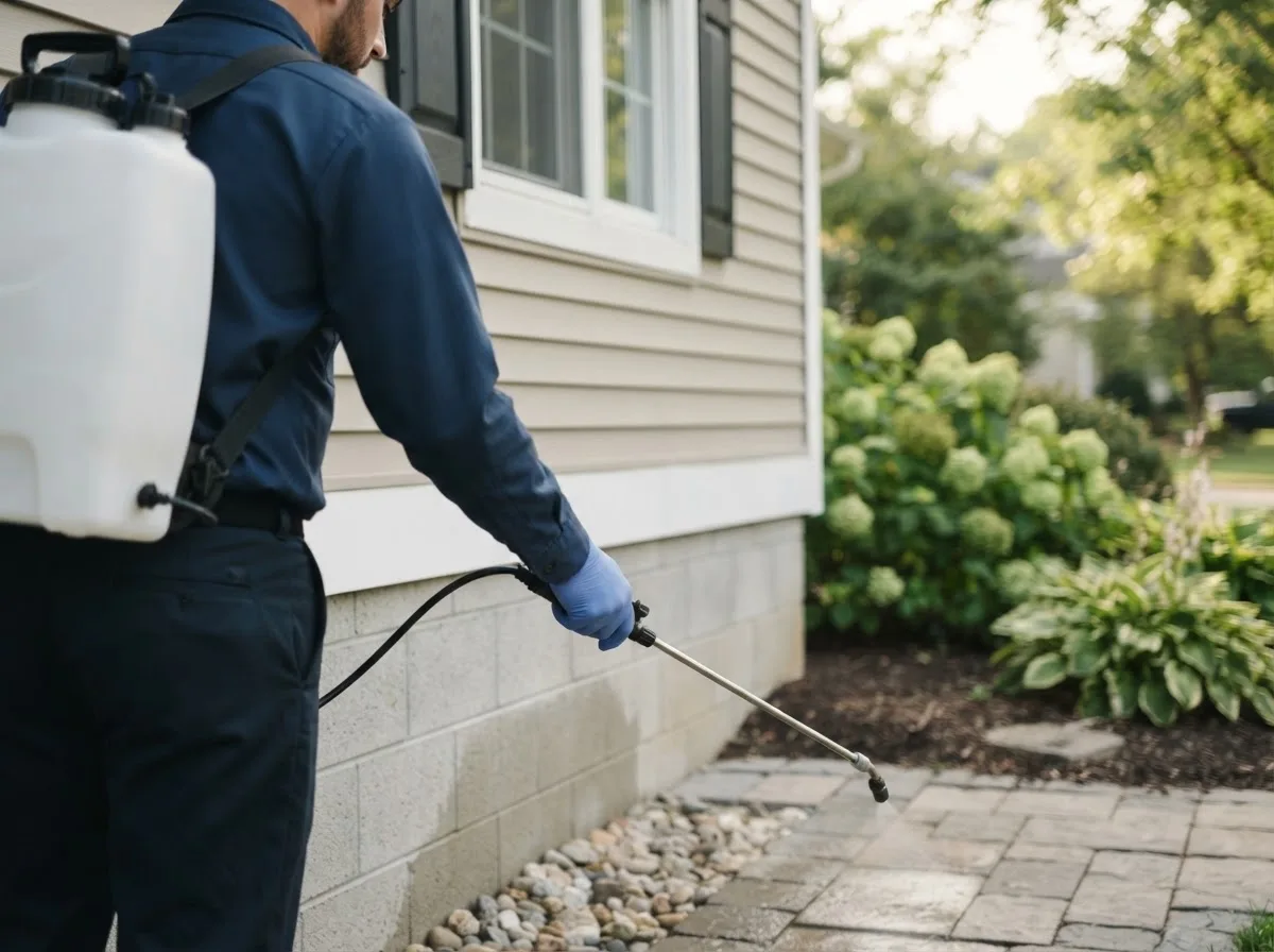 Pest control technician inspecting a home in Belfield, ND